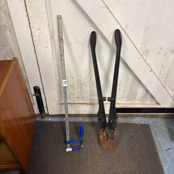 Vintage Record bolt cutters and sash clamp for workshop use.