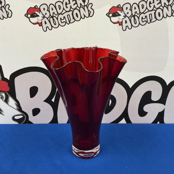 Vibrant red ruffled glass vase, 28cm tall, vintage style.