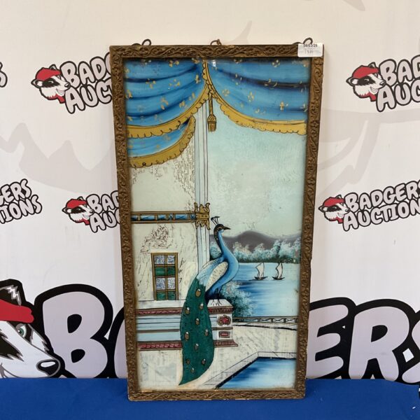Antique 19th-century reverse glass painting of a peacock on a veranda.