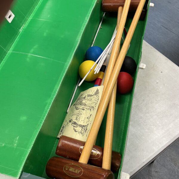 Vintage Riley croquet set in original box, complete with mallets and balls.