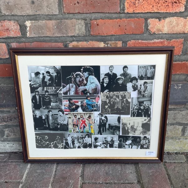 Framed Rolling Stones photograph collage, vintage music memorabilia.