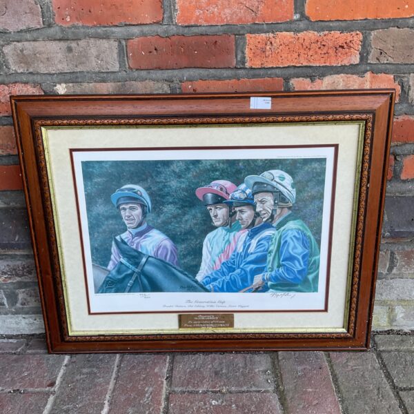 Signed limited edition "The Generation Gap" print by Roy Millar featuring famous jockeys.