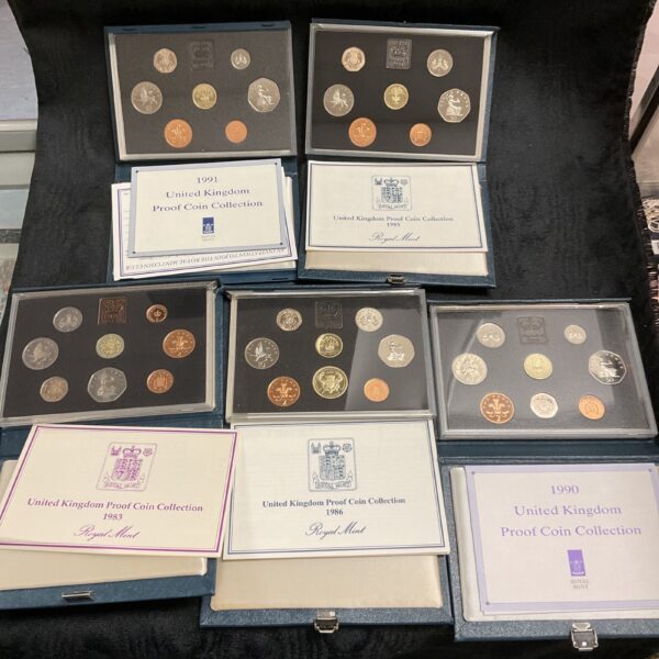 Overview of Royal Mint UK proof coin collection sets.
