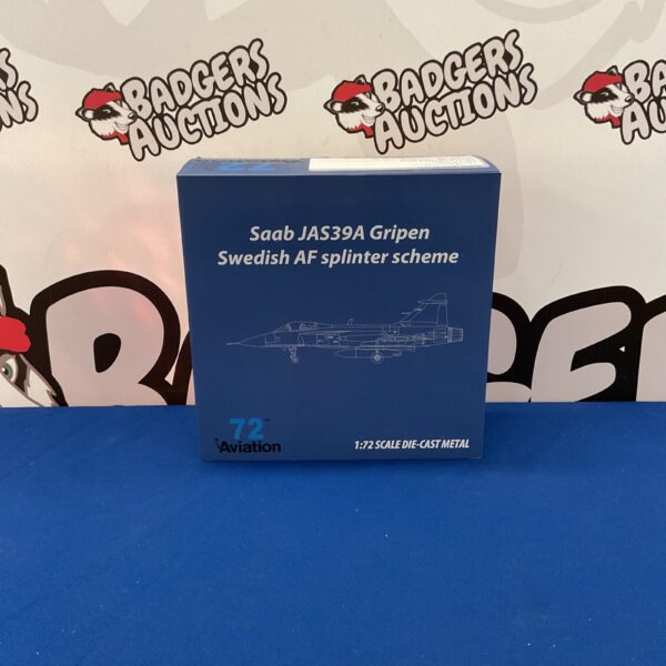 Detailed diecast model of a Saab JAS39A Gripen in Swedish Air Force splinter camouflage.