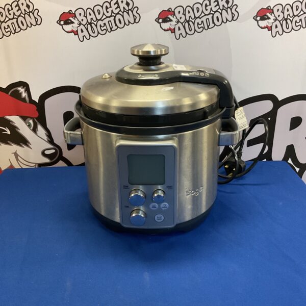 Stainless steel Sage BPR700 electric pressure cooker for kitchen use.