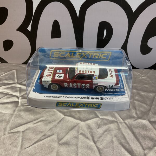 Side view of Scalextric Chevrolet Camaro Z28 racing car.