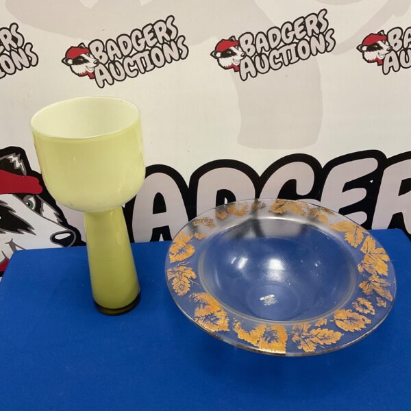 Vintage Scandinavian art glass pedestal vase and hand painted bowl.