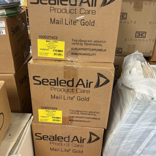 Three boxes of Sealed Air padded mailing envelopes for secure shipping.