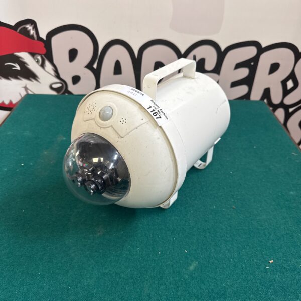 Front view of a white Sesys surveillance camera.