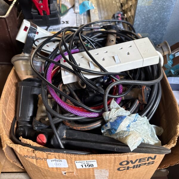 Mixed shed clearance lot with extension leads and tools.