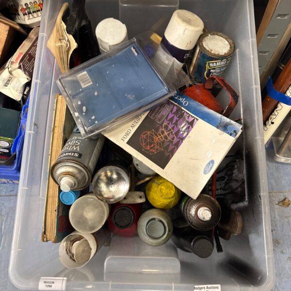 Mixed lot of paints and chemicals for garden and DIY projects.