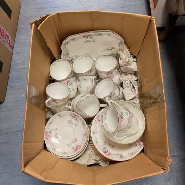 Vintage Shelley bone china tea set with floral pattern.