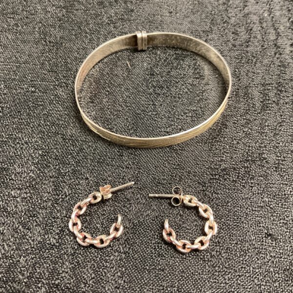 Vintage silver christening bracelet and chain link earrings set.