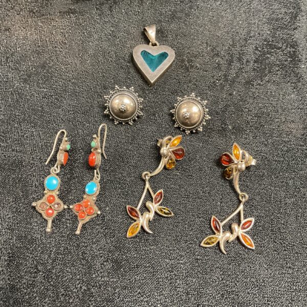 Silver earrings and heart pendant jewellery lot for sale.