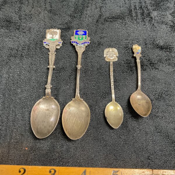 Lot of four silver enamel badge spoons, vintage collectables.