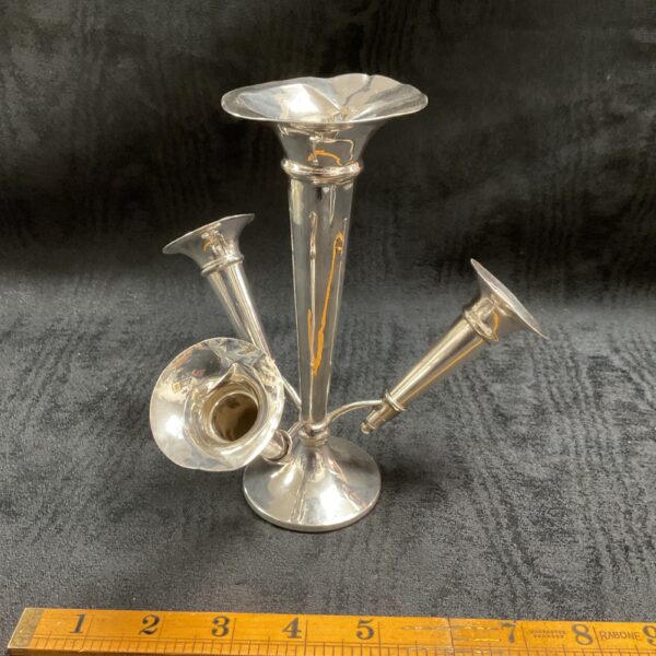 Antique silver epergne with trumpet vase and flutes, Birmingham hallmarked 1916.