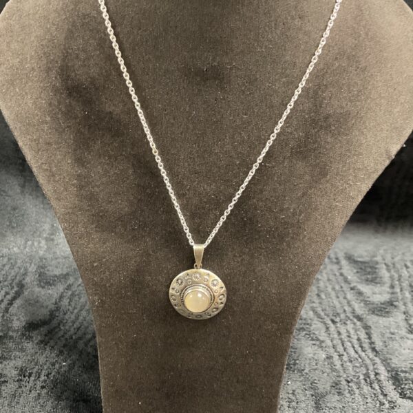Vintage silver pendant necklace with moonstone, delicate chain.