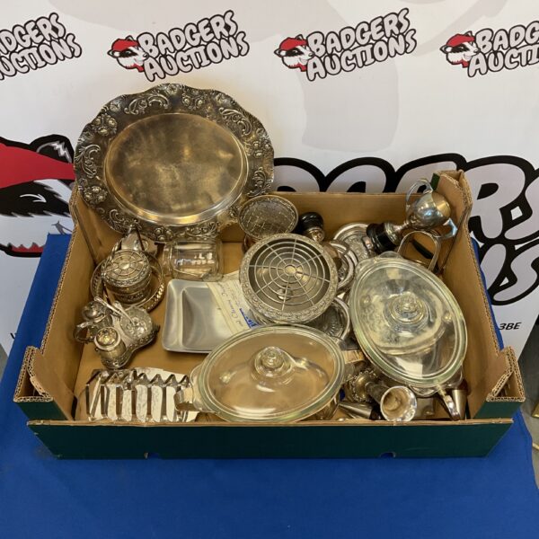 Vintage silver plate tray lot with trophies and a tiled trivet.