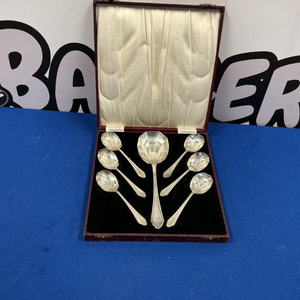 Vintage silverplate dessert spoons in a presentation case.