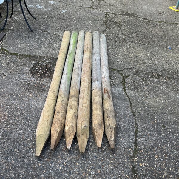 Six weathered wooden fence posts for garden fencing.
