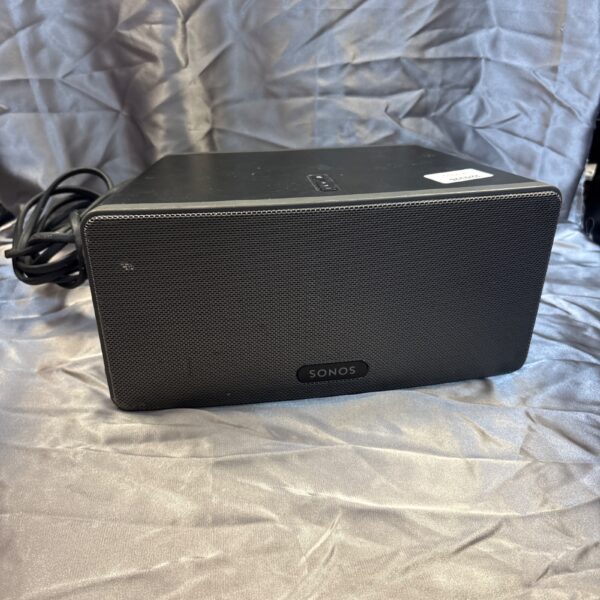 Black Sonos Play 3 wireless smart speaker for home audio.
