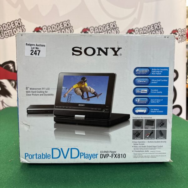 Sony DVP-FX810 portable DVD player boxed with accessories.