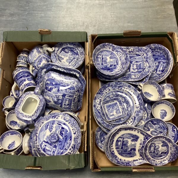 Large collection of Spode blue and white china in cardboard boxes.