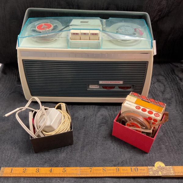 Vintage Stella Phone reel tape recorder with reels and microphone.