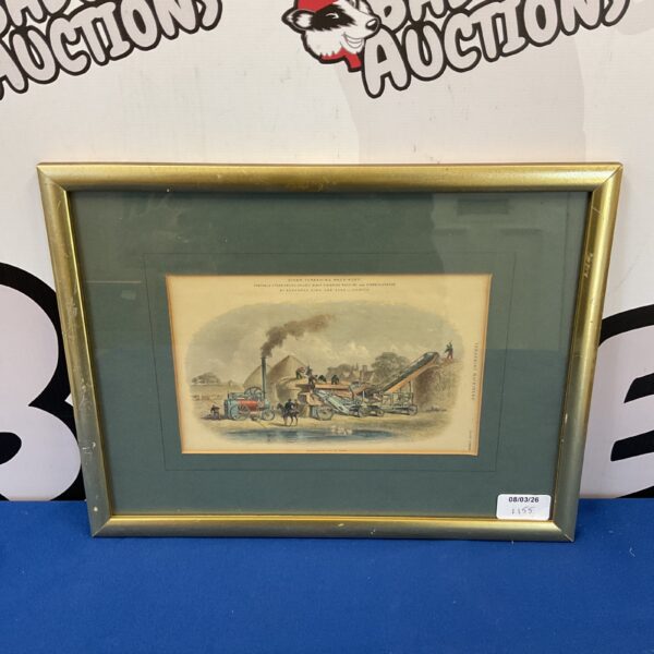 Antique engraving of stem thrashing machinery by G B Smith, 19th century.