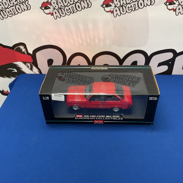Detailed Sunstar 1975 Ford Escort Mk.II Sport diecast model car.