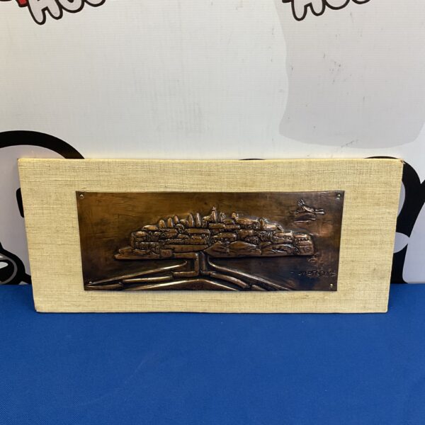 Vintage SV-Stefank copper plaque with detailed village scene.