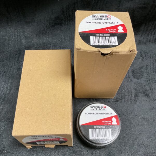 Swiss Arms .177 calibre airgun pellets in a tub.