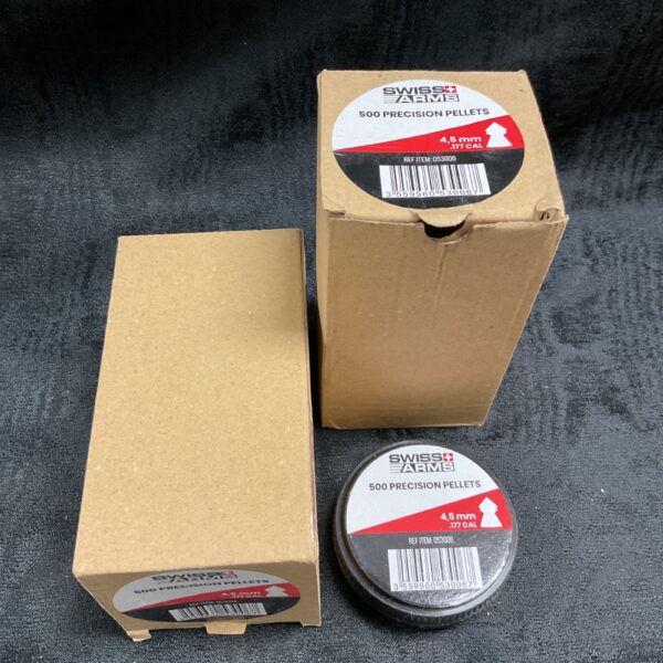 Swiss Arms tub of 500 .177 calibre precision airgun pellets.
