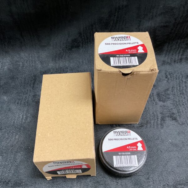 Close-up of a tub of Swiss Arms .177 calibre precision pellets.