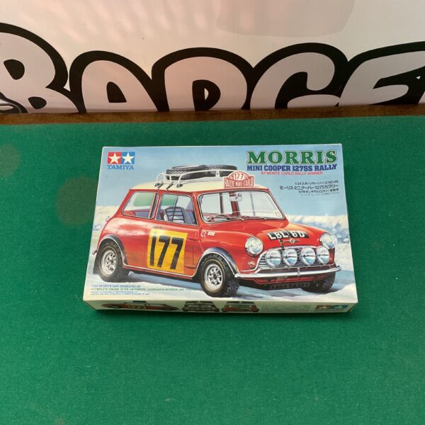 Tamiya Morris Mini Cooper 1275S Rally kit, vintage scale model car.