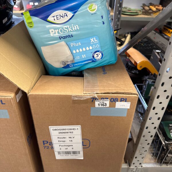 Sealed packs of Tena Proskin Pants XL incontinence wear.