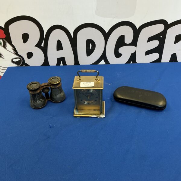 Vintage Timemaster carriage clock with binoculars and Jaeger glasses.