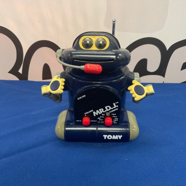 Vintage Tomy Mr DJ radio, 1980s toy, colourful plastic design.