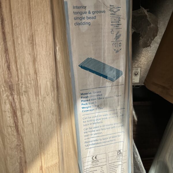 Pack of unfinished pine tongue and groove panelling for walls or ceilings.