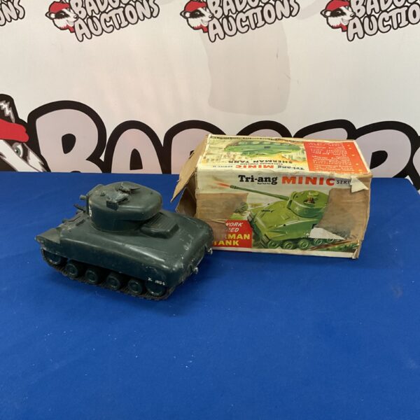Vintage Triang Minic Sherman Tank, clockwork powered tinplate toy.