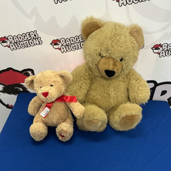 Two vintage teddy bears, soft plush toys, collectible items.