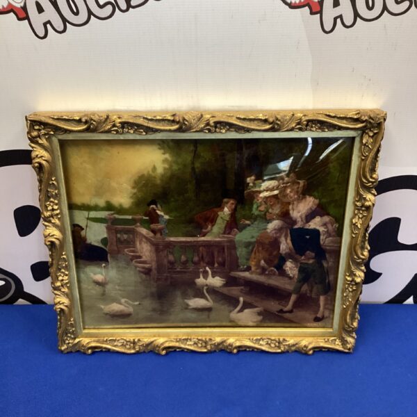 Antique Vangerer crystoleum print with landscape and swans.