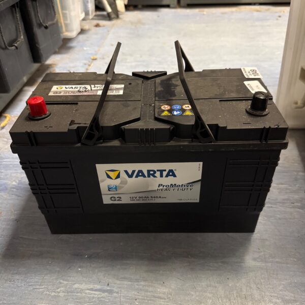 Varta 12V 90Ah battery showing terminals and casing.