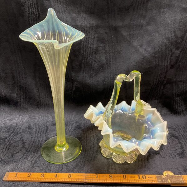 Vintage vaseline uranium glass vase and basket collection.
