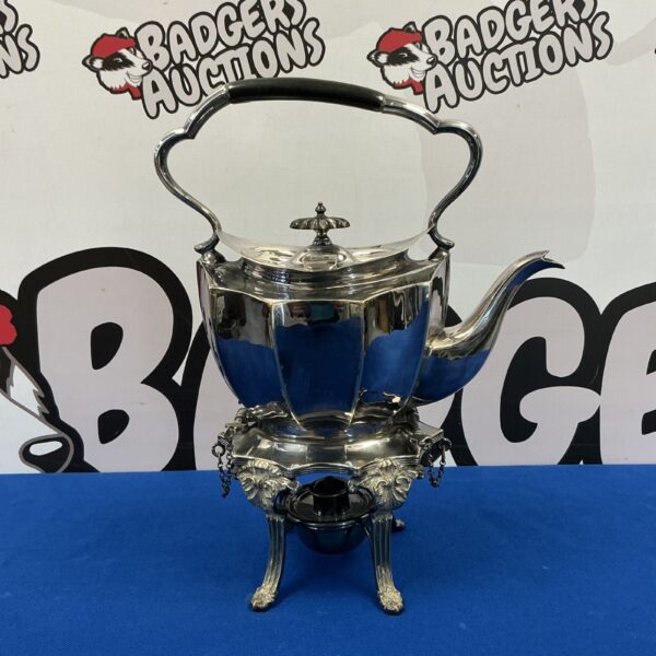 Ornate Victorian silver plate spirit kettle with burner.
