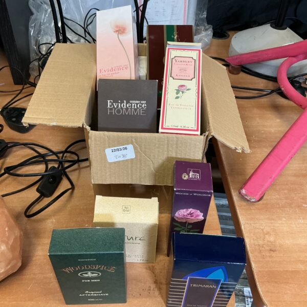 Vintage aftershave and perfume collection in original packaging.