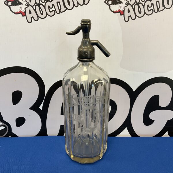 Vintage Arden mineral water dispenser bottle, clear glass, antique collectible.