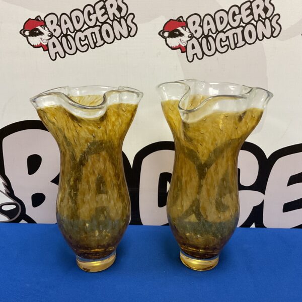 Pair of vintage art glass vases with ruffled rims.