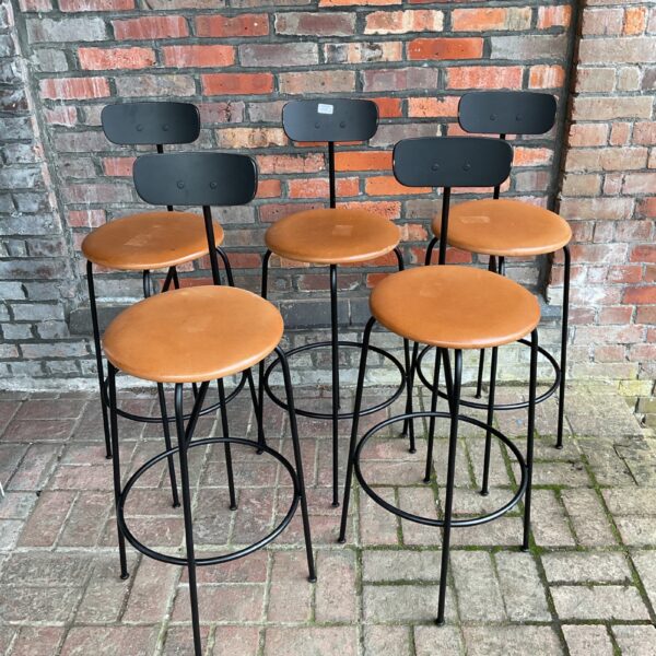 Set of five vintage brown leather bar stools