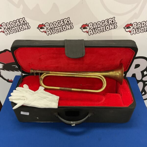 Vintage brass bugle horn in case with gloves.